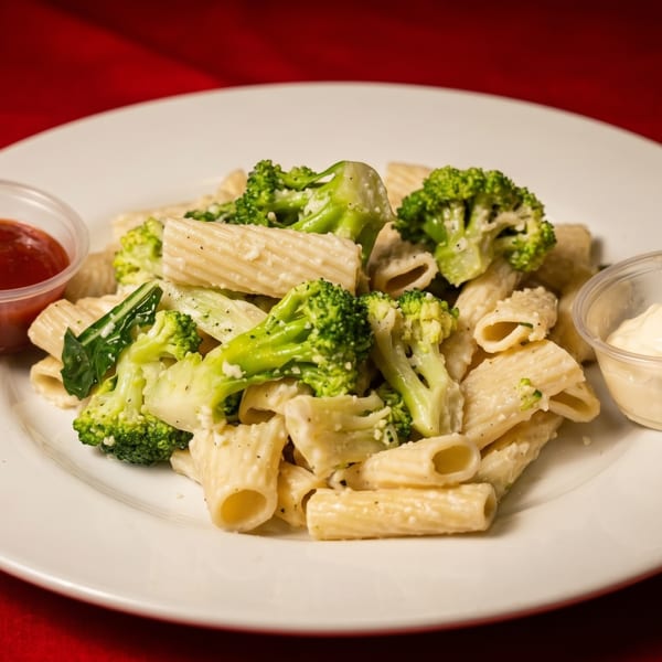 Rigatoni pasta with broccoli and creamy sauce, served with ketchup and mayonnaise on a white plate.