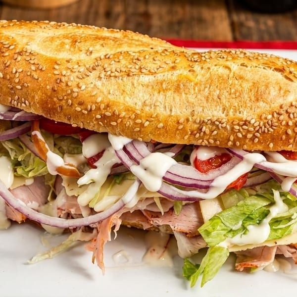 A large, sesame-seed hoagie roll filled with deli meat, cheese, lettuce, red onion, tomatoes, and mayonnaise.