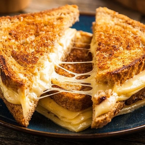 A grilled cheese sandwich, cut in half, with melted cheese stretching between the halves on a blue plate.
