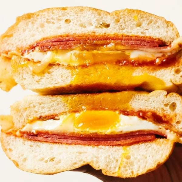 A hand holds a sliced breakfast sandwich with runny egg yolk, cheese, and meat.