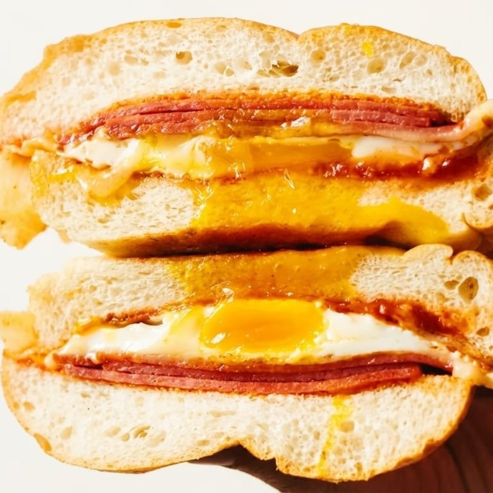 A hand holds a sliced breakfast sandwich with runny egg yolk, cheese, and meat.