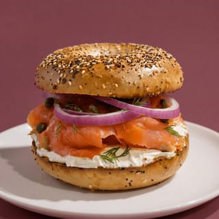 Bagel with Nova, Cream Cheese, Tomato, and Onion