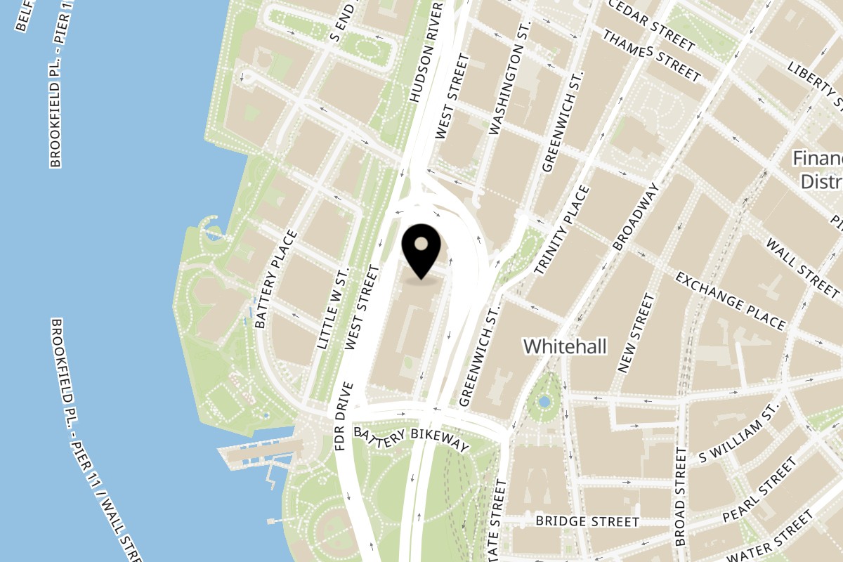 Map showing the location of West Bank Gourmet Deli on 21 West St in New York